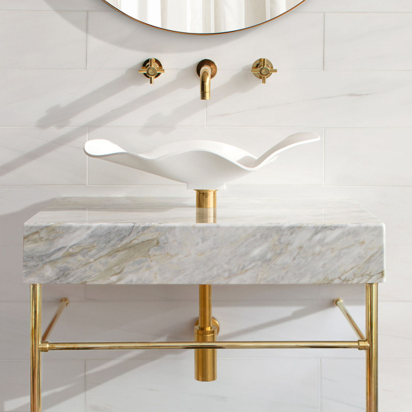 Metro style sinklegs, shown in polished brass with marble top and vessel sink