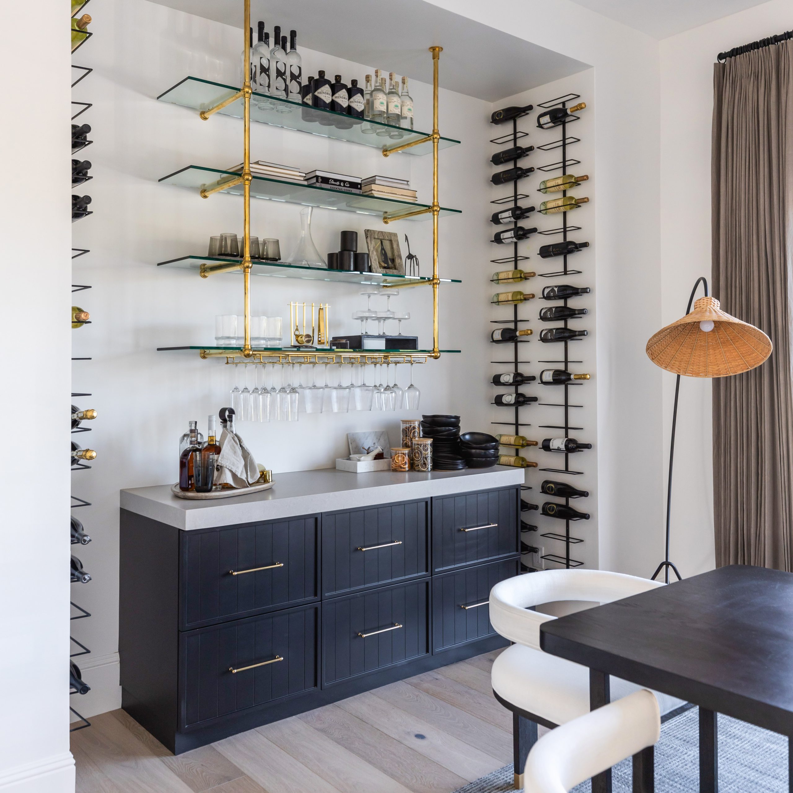 Ceiling & wall mounted Ball style Bistro Designer Shelving with glass shelves and Stemware Holders