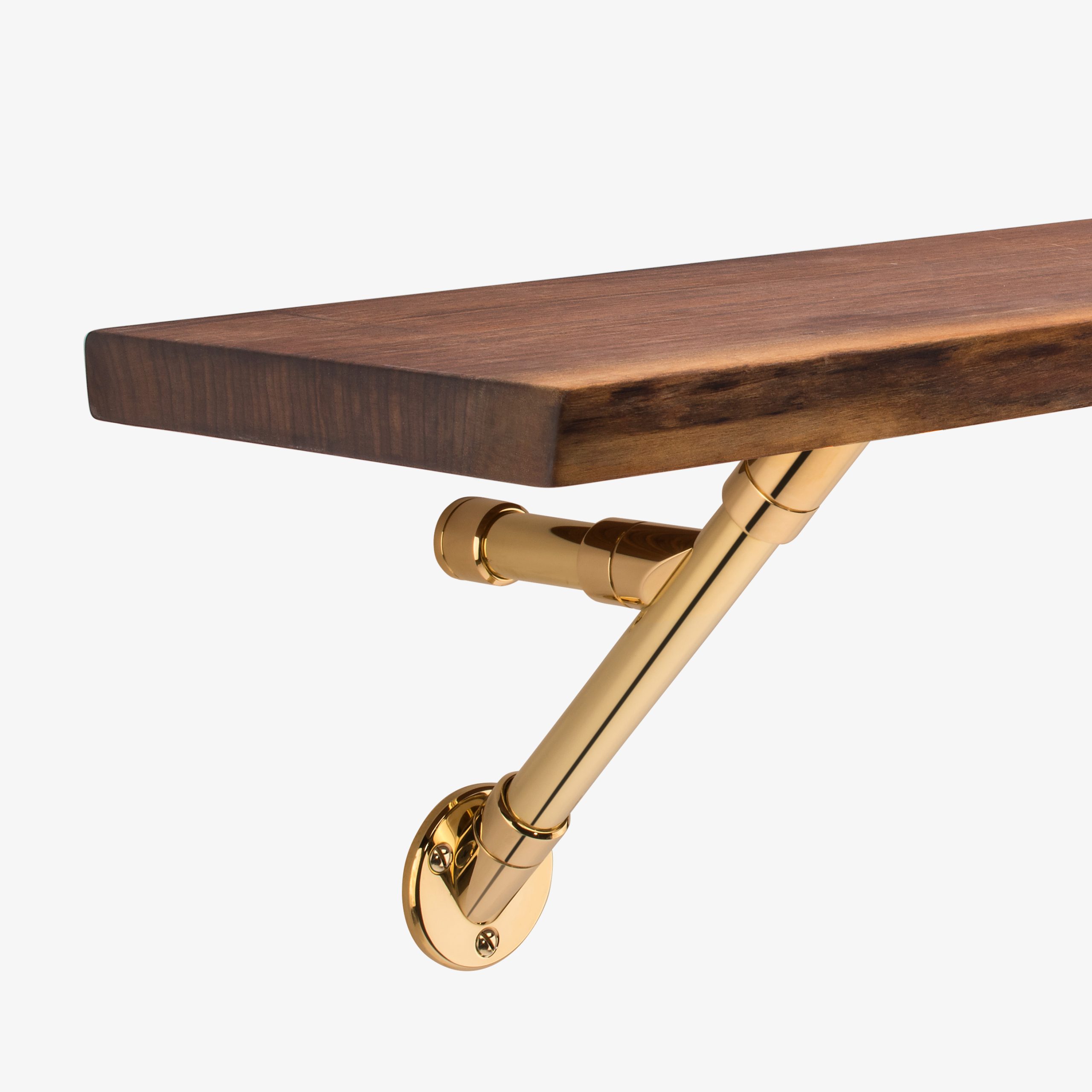 Apex Bracket shelving closeup, polished brass, wooden shelf - link to apex shelving