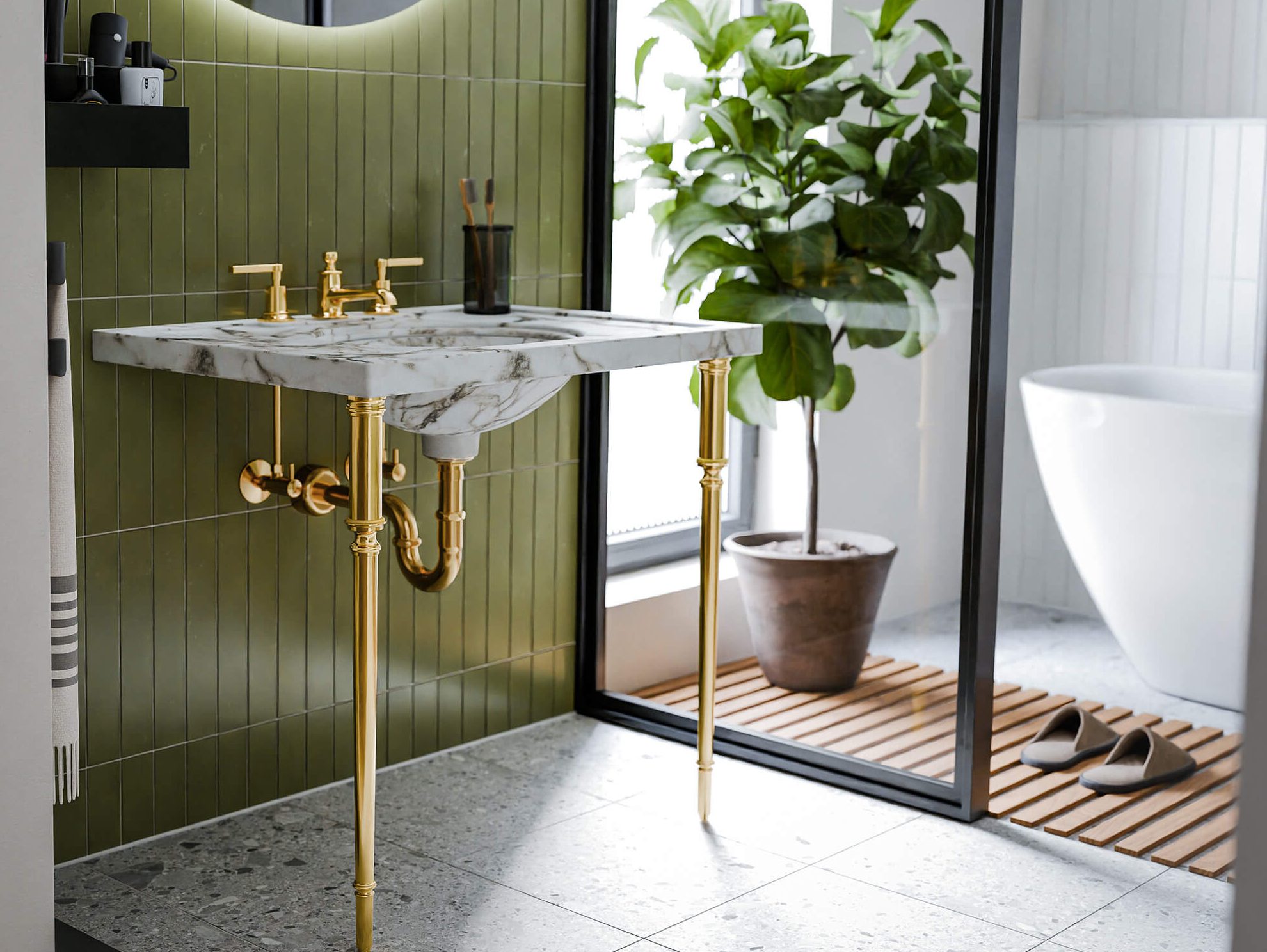 Embry legs in green tiled bathroom, polished brass finish