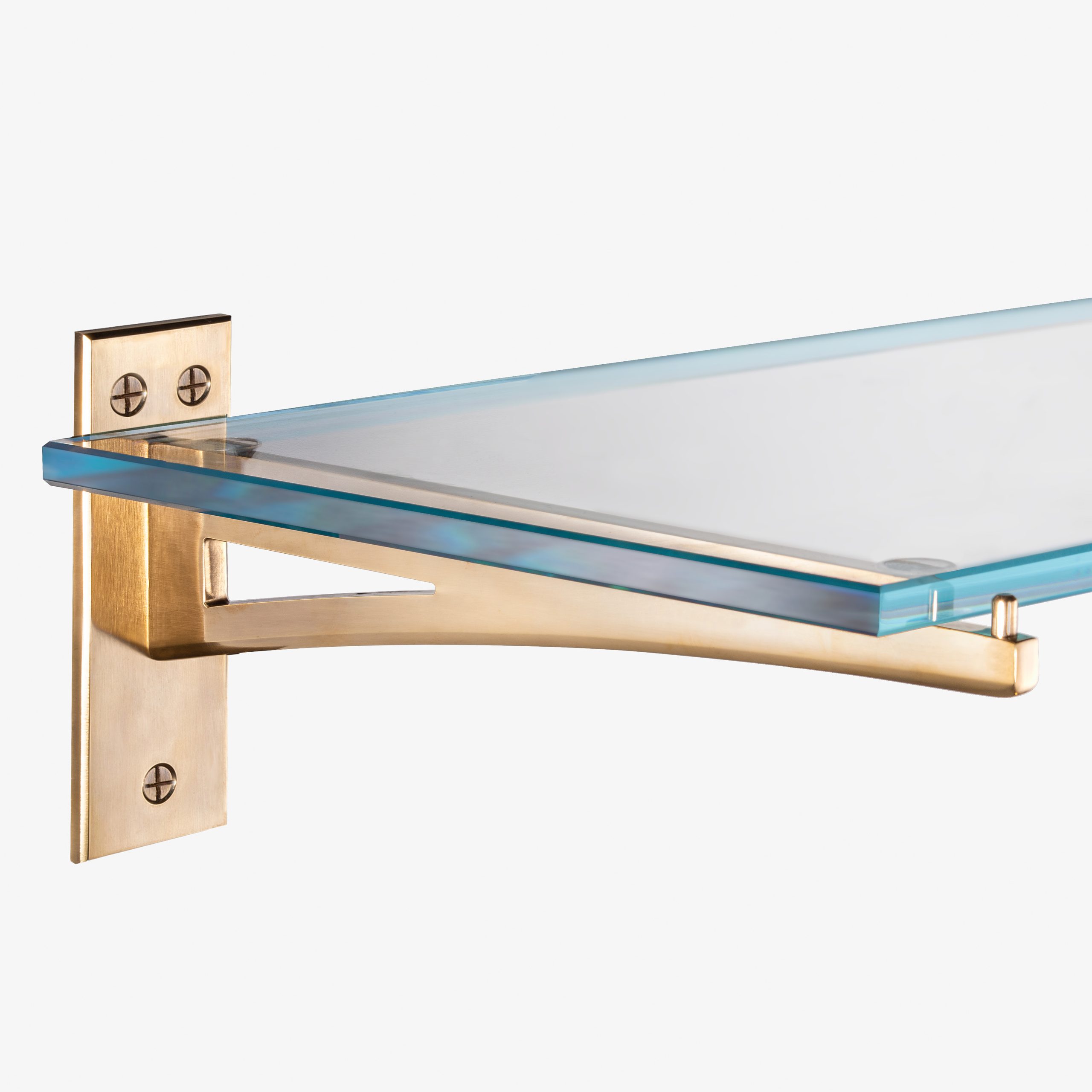 Rack Bracket shelving closeup, polished brass, glass shelf - link to bracket rack shelving