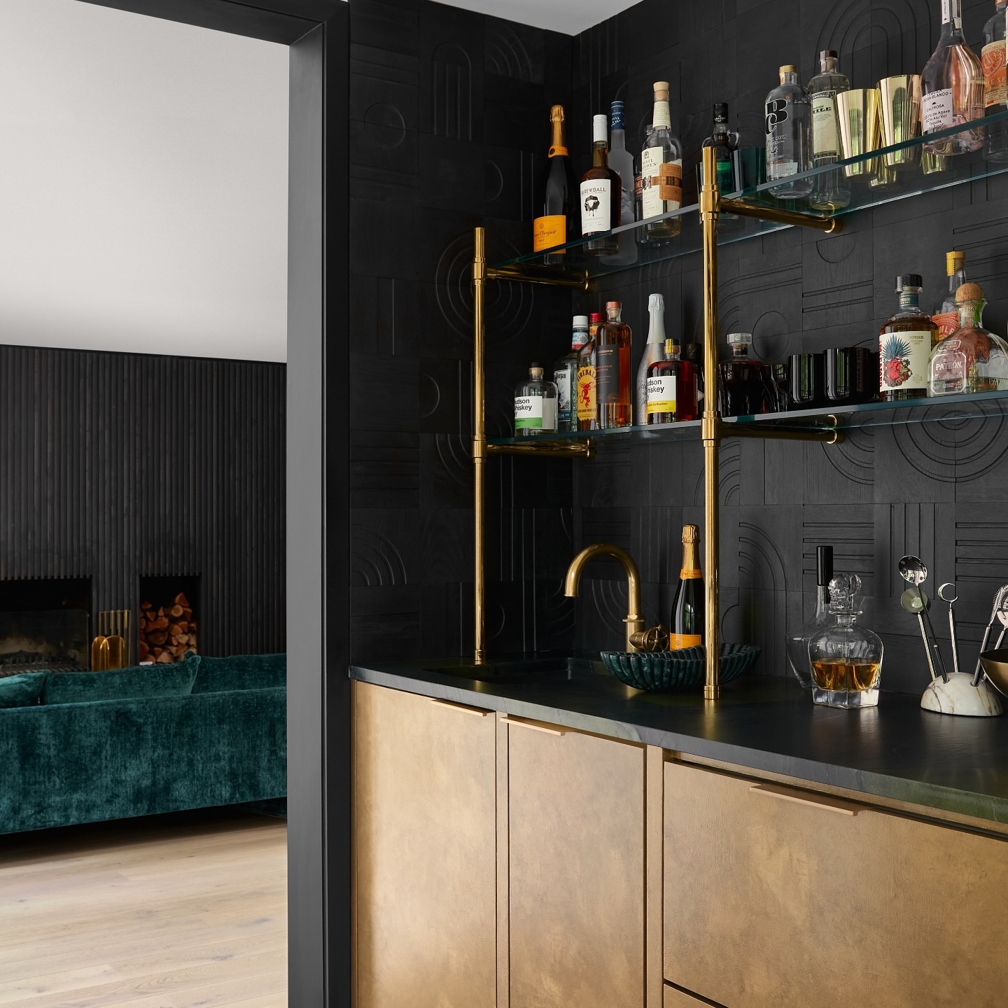 Counter & Wall mounted Studio style Bistro Designer Shelving in polished brass