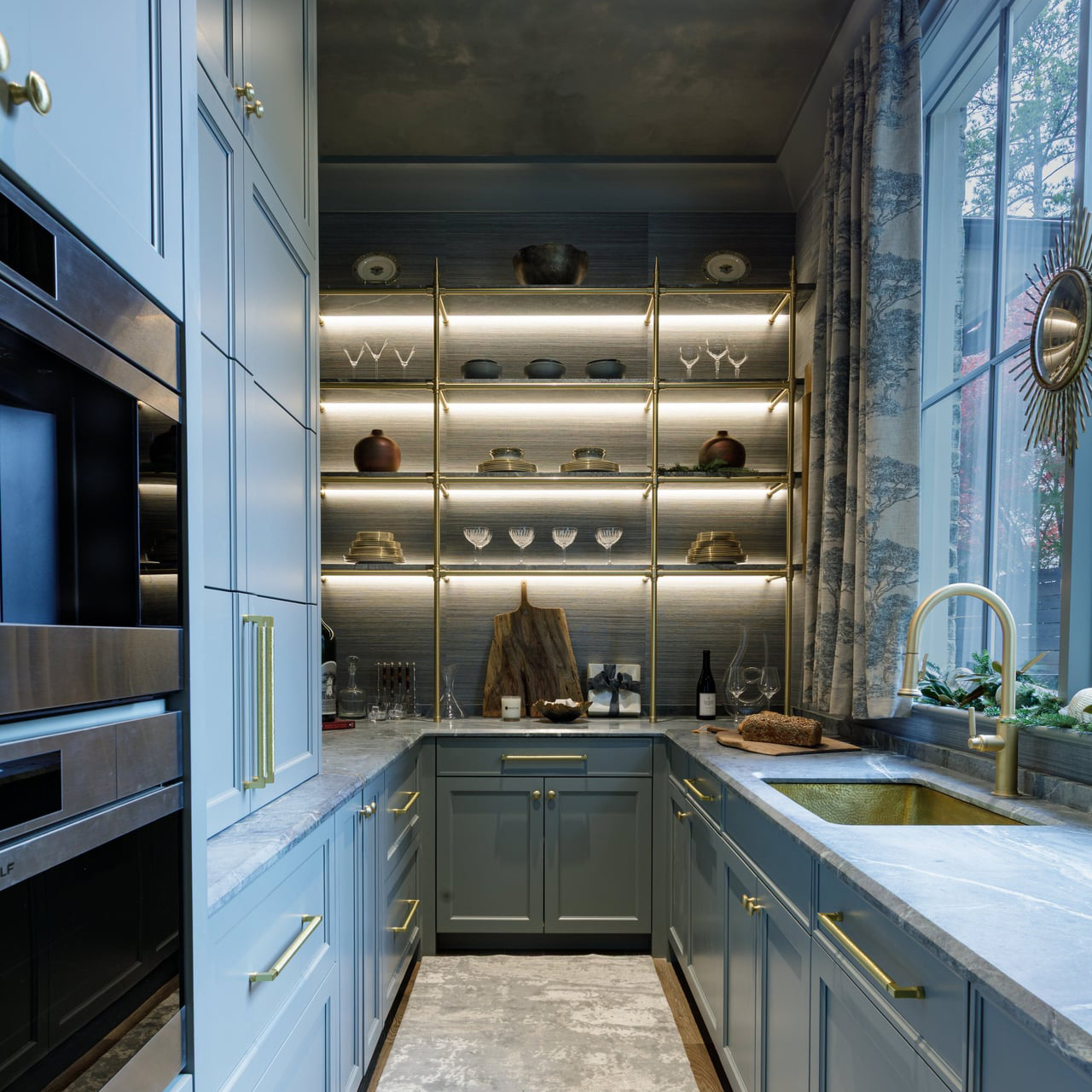 Counter Mounted Brass Studio style Bistro Shelving with under-lighting in a narrow kitchen